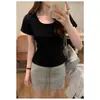 Camiseta Blanca de Manga Corta con Cuello en U Estilo Coreano de Algodón Puro para Mujer, Verano, Versátil, Adelgazante, Capa Base Negra