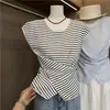 Camiseta de punto a rayas estilo coreano simple para el día a día, diseño de verano, botón lateral, cruzada, cintura ceñida, adelgazante, irregular
