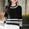 Suéter de tricô listrado de algodão puro para exportação transfronteiriça para mulheres, gola redonda, design color-block, estilo casual, adequado para o trabalho e uso diário, peça básica de manga comprida