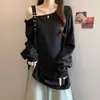 Camiseta de Manga Larga Off-Shoulder para Mujer Tallas Grandes, Corte Holgado, Diseño Pure Desire, Color Sólido, Nuevo Estilo Otoñal, Top Holgazán para Otoño