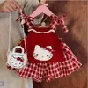 Lindo conjunto xadrez vermelho para meninas, blusa de alcinha estilosa com estampa de gato + shorts xadrez, novo conjunto de duas peças de verão para bebês meninas