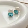 Brincos Cubo Pérola Azul Sal Marinho para Mulheres, Design Único, Versátil, Novo Estilo de Início de Primavera, Brincos com Pino de Prata Usáveis na Frente e no Verso