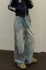 Calça jeans azul claro desgastada estilo americano 2024 nova calça de nicho para casais preguiçosos