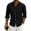 Camisa Masculina de Linho Respirável Amazon para Primavera e Outono com Design Vintage de Recorte Lateral, Gola Reversível, Manga Longa, Top Casual