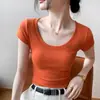 Camiseta gris de algodón puro con cuello en U y manga corta para mujer, nuevo estilo de verano, corte ajustado, entallada en la cintura, longitud corta, top de cuello en U grande