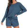 Conjunto de Pijama Feminino Malha Waffle Transfronteiriço, Conjunto Casual com Blusa de Manga Longa e Shorts, Pode Ser Usado Fora de Casa como Roupa de Casa