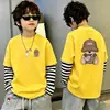 Camiseta de algodón de manga larga estampada para niños, moderna y sencilla, camiseta básica de retazos a rayas estilo coreano, top de imitación de dos piezas, estilo ins