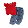 Conjunto de Dos Piezas para Niña de Verano Estilo Europeo, Americano y Coreano Transfronterizo Top Rojo + Pantalones de Pierna Ancha de Mezclilla Lavada