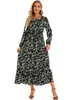 Vestido floral europeo y americano largo de cuello redondo y manga larga para estilizar la cintura