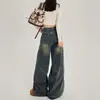 Jeans Azul Nostálgico Largo e Solto para Mulheres no Outono e Inverno Novo Estilo Retrô Americano Cintura Alta Skinny Reto Comprimento Total