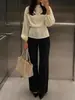 Ropa Femenina Transfronteriza Europea y Americana Escote Barco Satín Ceñidor de Cintura Top Mangas de Farol de Lujo Ligero Temperamento para Viajar Simple Versátil Dama Larga