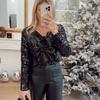 Ropa de Mujer Estilo Europeo y Americano Suministro Transfronterizo Venta al por Mayor Otoño Europeo y Americano Estilo Europeo y Americano Tops Cortos Decorados con Lentejuelas y Lazo