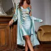 Conjunto de Pijama Feminino Fino de Quatro Estações com Robe, Estilo de Comprimento Médio com Amarração na Cintura, Pode Ser Usado Fora de Casa como Conjunto de Loungewear