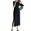 En Stock Venta al por mayor Directo de Fábrica Nuevo Color Sólido Alto Valor Acetato Estilo Francés Cuello Barco Vestido Plisado Vestido Negro Pequeño para Mujer