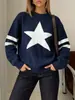 Bestseller transfronterizo otoño e invierno suéter de punto para mujer con cuello redondo, jacquard de pentagrama, rayas de contraste, acanalado, top casual y versátil
