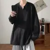 Camiseta Masculina de Manga Longa com Gola V Texturizada Estilo Hong Kong Marca da Moda Tamanho Grande Solta Nova Chegada Top Casual para Jovens Camada Base Roupa Masculina