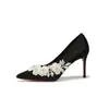 Sapatos de salto alto stiletto com bico fino, florais, com contas e renda francesa feita à mão para mulheres