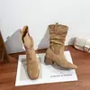 Botas Western Apiladas Nuevas Otoño/Invierno 2026 para Mujer Venta Directa de Fábrica Botas de Gamuza Arrugadas de Media Caña Botas Retro con Tacón Grueso para Mujer