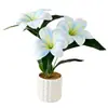 Planta en Maceta de Flores Artificiales con Tres Cabezas de Lirios, Flores Falsas Elegantes y Creativas para Decoración de Interiores de Sala de Estar, Vegetación Artificial