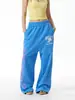 Pantalones de chándal anchos retro azules para mujer, pantalones holgados de longitud de piso para danza jazz con una caída relajada, pantalones casuales deportivos