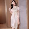 Verano Nuevo Estilo Vestido de Seda Pesado para Mujer Manga Corta con Cordones Cintura Ceñida Falda Midi