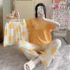 Conjunto de Tres Piezas para Niñas de Verano: Top de Manga Corta, Shorts y Pantalones Largos, Imitación Algodón Seda de Leche, Conjunto de Ropa de Casa de Dibujos Animados, Empaquetado para Venta Transfronteriza
