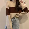 Estilo Coreano Estilo Universitario Dulce Combinación de Colores Suéter Versátil para Mujer Otoño e Invierno Nuevo Holgado Adelgazante Cuello Redondo Ropa Exterior Suéter de Punto