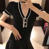 Contraste Cor Vestido Novo Verão Vestido Estilo Coreano Moda Slim-fit Emagrecimento Idade Redutora Color-Matching V-neck Plissado Vestido de Malha Mulheres Trendy