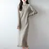 Vestido largo de lana 100% pura con flecos para mujer, nuevo vestido de punto con cuello en V para otoño e invierno, vestido suéter de punto de longitud media por encima de la rodilla, línea A