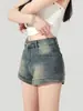 Shorts de Mezclilla Lavados Vintage de Tiro Bajo para Mujer, Pantalones Cortos de Verano con Forma de A, Pantalones Cortos Ultra Cortos Sexy que se Ajustan a la Cadera, Tallas Grandes para Mujeres de Tallas Grandes