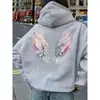 Sudadera de Felpa para Mujer de Comercio Exterior Transfronterizo con Capucha Alada, Bolsillo Canguro Estampado, Cordón de Ajuste y Sudadera con Capucha Estampada