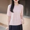 Tejido de Punto de Lino Rayado Vintage Relajado Manga Corta Temporada 2026 Nueva Moda Versátil Camiseta de Cuello Redondo para Mujer