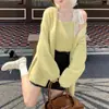 Cardigan de Tricô Novo Estilo Outono e Inverno Estilo Preguiçoso, Suéter Elegante de Cor Sólida, Suspensórios de Renda Femininos, Conjunto de Duas Peças de Roupa Externa Solta