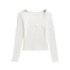 Camiseta Base Blanca Estilo Puro Deseo Ajustada para Mujer, Camiseta de Manga Larga con Cuello en U Escotado Ajustada, Hombro Normal, Otoño e Invierno, Forro Polar