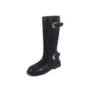 Botas de Motocicleta com Tira de Fivela de Couro Bovino, Botas Longas, Salto Grosso Feminino, Costura na Ponta Redonda, Botas Western, Botas de Pelo Franzido, Botas de Cavaleiro