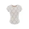 3517-26 Camiseta Pulôver Crochê Gola Redonda Bainha Curva Manga Curta Estilo Verão Estilo Coreano Slim Fit Renda