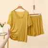 Conjunto de duas peças novo de verão, solto, casual, de modal, com babados, decote V, manga curta e shorts, com estampa de bolinhas pequenas, para casa