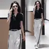 Conjunto de moda para mujer 2026 verano nuevo estilo cuello en V moderno que rejuvenece adelgazante camiseta de manga corta y pantalones de pierna ancha conjunto casual de dos piezas