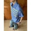 Camisa de Manga Corta a Cuadros con Estampado de Letras Estilo Callejero Americano Estilo Vacacional Casual de Verano Versátil para Hombres Mujeres Azul