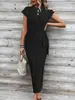 Vestido Longo Listrado de Verão 2025 Elegante com Faixa na Cintura e Gola Redonda de Manga Curta Roupas Femininas de Alta Qualidade