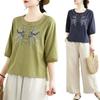 Camiseta de Verano Retro Literaria Bordada Floral 2025 Nueva Cuello Redondo Color Puro Botón Manga Media para Mujer
