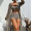 2027 Nuevo Traje de Baño Femenino de Tres Piezas Estilo Europeo y Americano con Chaqueta de Manga Larga, Bikini Casual Impreso Push-Up para Aguas Termales