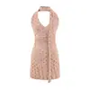 1636-26 Verano estilo coreano ajustado lunares cuello en V ceñidor de cintura cuello halter sin tirantes vestido falda corta