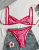 Bikini de dos piezas para mujer estilo europeo y americano con flores rojas, traje de baño de playa dividido para mujer de verano Ss494