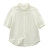 Camisa de Manga Curta de Fio de Algodão com Gola de Renda em Zigue-Zague Artístico para Mulheres, Cardigan Top Emagrecedor de Verão 2025