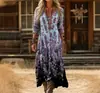 2026 Novo Vestido Boho Estampado de Manga Longa com Decote em V Estilo Solto para Férias Vestido de Praia para Mulheres Item Quente Transfronteiriço