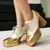 2025 Nova Cor Color Block Cadarço Bico Quadrado Sapatilhas Plataforma Sola Grossa Sapatos de Salto Grosso Tamanhos Grandes 40-48 Exportação Transfronteiriça