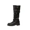 Nuevas Botas de Caballero Apiladas de Punta Redonda 2026 para Mujer, Botas Largas de Cuero de Tacón Medio Grueso, Botas Altas Vintage con Cordones para Otoño e Invierno