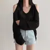 Chic Coreano Elegante Cuello en V Hombros Descubiertos Holgado Perezoso Versátil Casual Protección Solar Color Sólido Manga Larga Tejido de Punto Top para Mujer