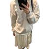 Moletom Cinza Estilo Coreano com Laço e Bordado Pesado de Gola Redonda para Mulheres, Temporada Outono/Inverno 2025, Forrado com Fleece, Caimento Solto, Top que Cobre o Quadril